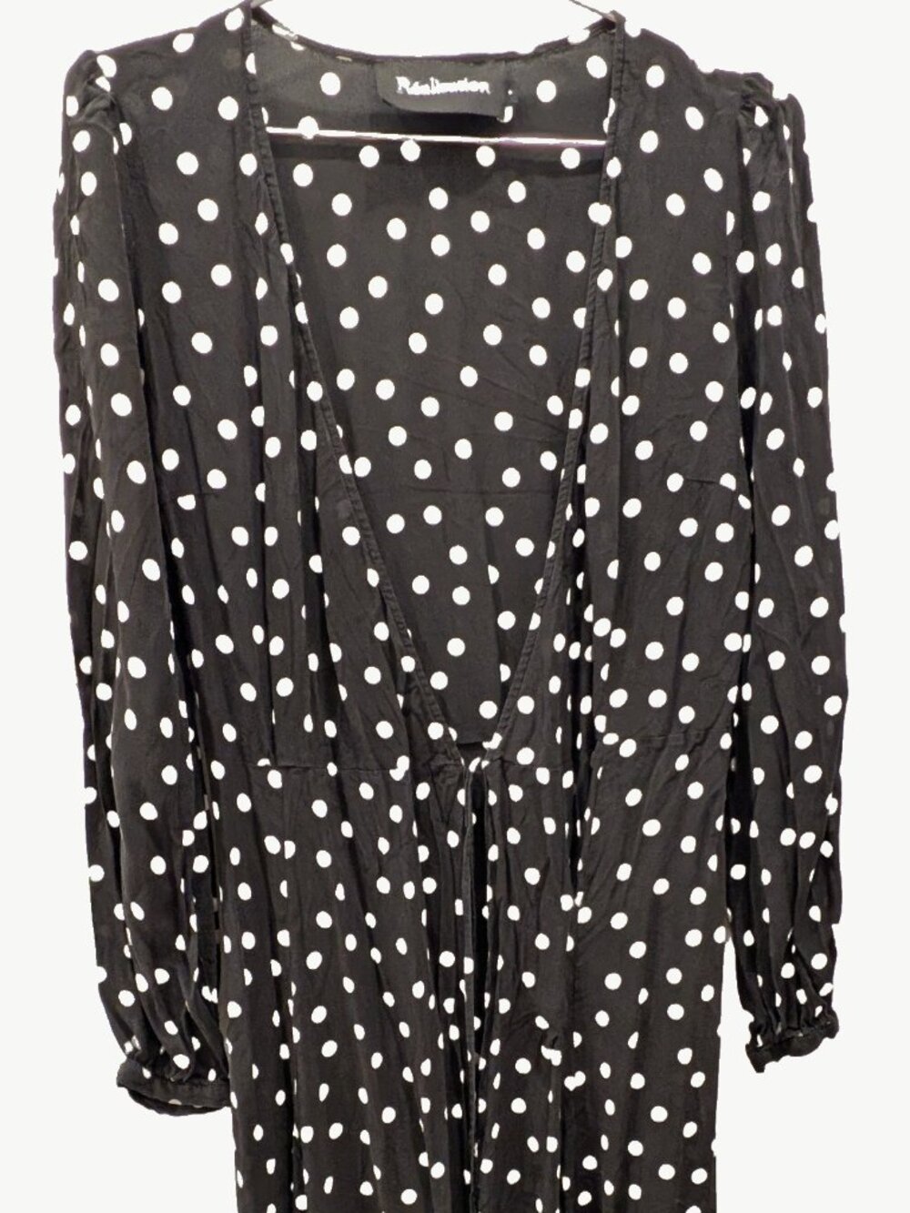 Realisation Par The Violette Black Polka Dot Silk Long Sleeve Wrap Midi Dress S